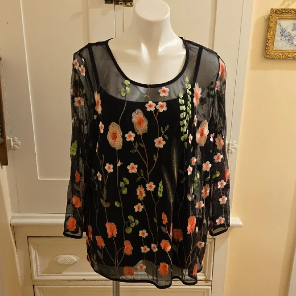 Rafaella black 2 pc mesh embroidered top Sz XL - Picture 1 of 6